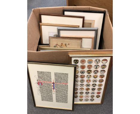 A small quantity of decorative pictures and prints, Armorial print, Japanese print on silk etc.