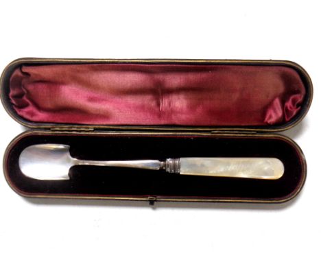 A silver and mother-of-pearl handled cheese scoop in fitted case