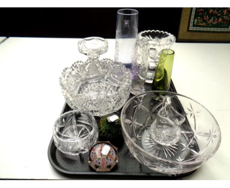 A tray of cut glass including bowls, candlestick, two paperweights, Caithness vase 