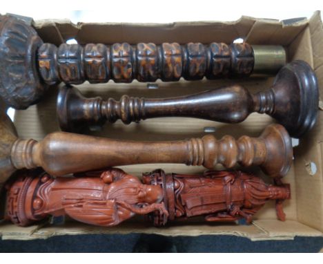 A box of three wooden lamp bases and two oriental resin figures