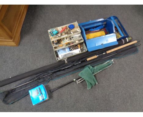 A metal concertina tool box and a fishing box containing assorted hand tools with two two-piece fishing rods by Daiwa, a Shak