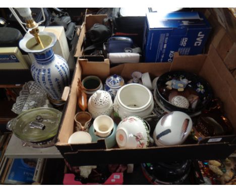 A box containing a Chinese blue and white pottery lamp base, glassware, lustre jug, ornaments etc