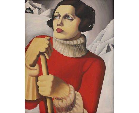 Manner of Tamara de Lempicka Woman wearing red in the mountains oil on canvas 120 x 94cmCondition report: Light scratches, bl