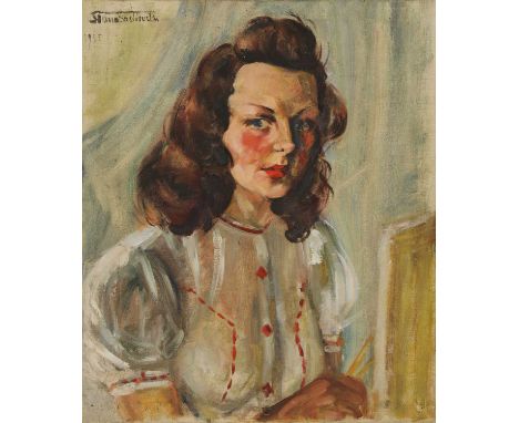 Russian School, 20th century Portrait of a woman, bust length in a white and red blouse indistinctly signed 'Slana Sadbuska(?