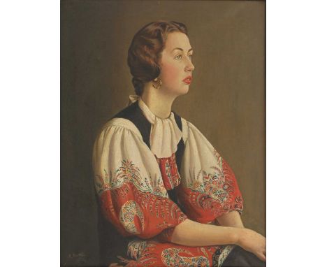 K... Elwell (early 20th century) Portrait of a woman, half length, seated, in a patterned blouse signed and dated 1936 l.l., 