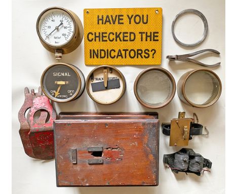 A box of Signalling spares to include a couple of brass cased repeaters, coils, wooden block bell box, lever collars, Indicat