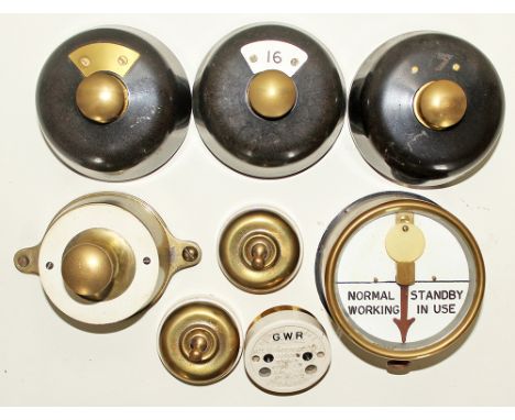 Brass cased Repeater (top nut missing) together with a brass Plunger with blank ring attached; x3 bakelite Plungers, one havi