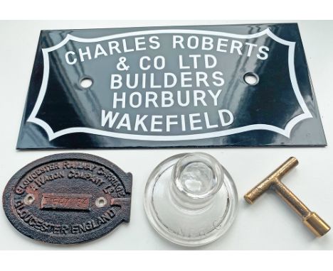 LNER Co, so embossed, glass Inkwell complete with original glass stopper. Together with an enamel Wagon Plate Charles Roberts