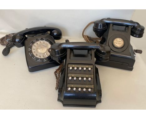 Bakelite Telephones, three different comprising: dial pulse with a disused Grantham number showing  on centrepiece; 15 button