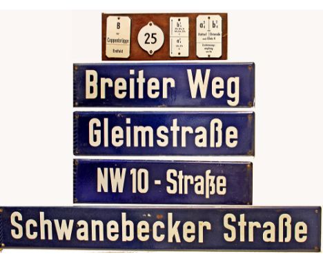 German Railways enamel Signal box Shelf plates qty 4 mounted on wood. To include von Coppenbrugge Endfeld, von Hattorf Ostero