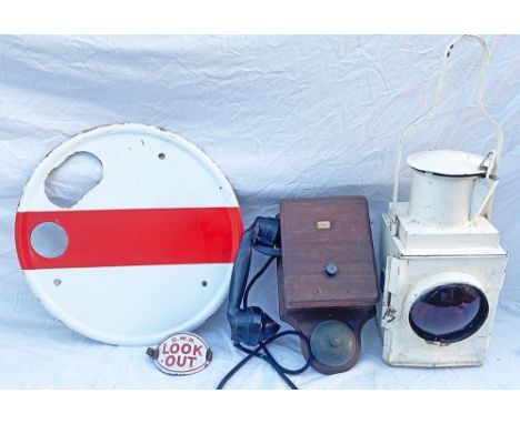 BR(M) Rear Lamp together with an enamel Ground Disc, a GWR Look Out Armband and a Signal Box Telephone. (4 items)