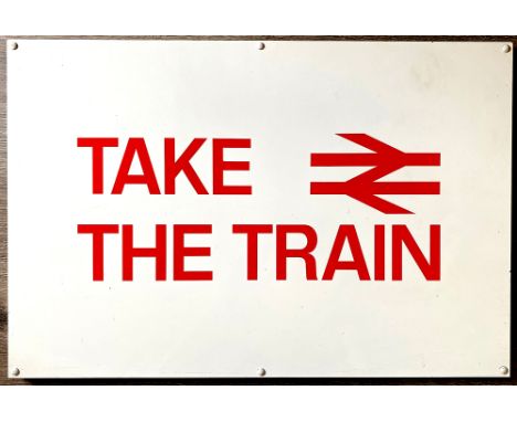 Modern alloy sign with rear top and bottom slide brackets TAKE THE TRAIN with double arrow logo. Measures 30in x 20in and is 