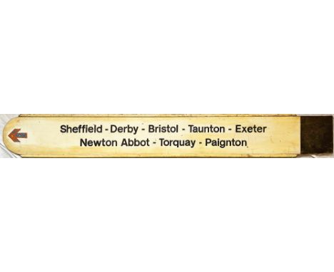 Wooden Destination Board with raised border, double sided, one end rounded, 60in x 8in. Sheffield - Derby - Bristol - Taunton