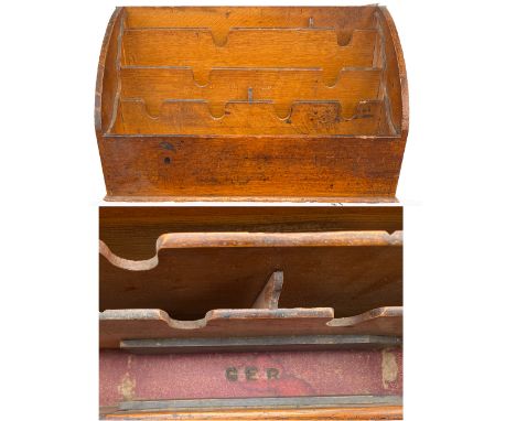 Great Eastern Railway oak Desk Tidy/Leaflet Rack with slatted wood roller cover, deeply branded GER at base of first front co