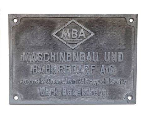 Tender Plate MBA Machinebau und Bahnbedarf O&amp;K Babelsberg dated 1954. Ex German DR class 50 Standard Gauge locomotive. Me