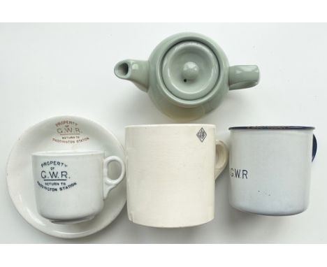 GWR Cup and Saucer, both marked Property Of GWR Return To Paddington Station, the cup in black lettering, the saucer in brown