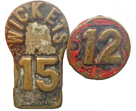 Cheshire Lines brass Lever Plates WICKETS 15 and number 12, ex Mobberley Signal Box in Cheshire. Together with a BR(S) Crossi