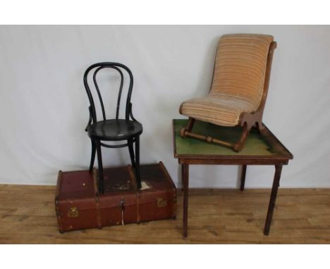 Victorian nursing chair, bentwood chair, folding card table and a vintage trunk (4)