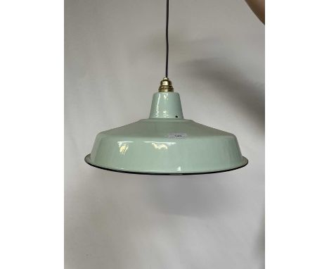 Pair of vintage French green enamel Efesoa pendant light shades, 40cm diameter
