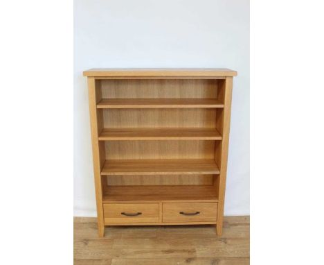 Contemporary light oak open bookcase with adjustable shelves and two drawers below, 95cm wide, 28.5cm deep, 120cm high
