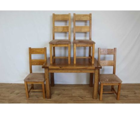 Contemporary light oak dining table on square legs, 120cm wide, 75cm deep, 78cm high, together with a set of four dining chai