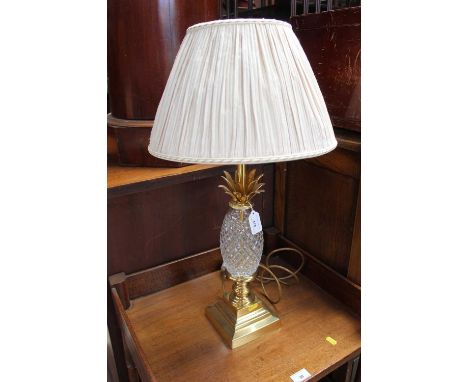 Good quality cut glass and gilded brass table lamp with 'pineapple' column, with shade, 65cm high overall