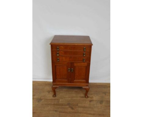 1930's Mappin &amp; Webb walnut cutlery cabinet with three drawers and two panelled doors below on cabriole legs, 60cm wide, 