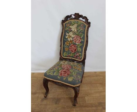 Victorian nursing chair with floral tapestry seat and back on carved cabriole legs, 89cm high