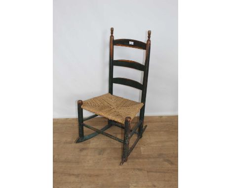 19th century painted ladder back rocking chair with rush seat