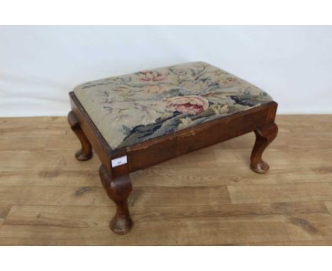 Mahogany framed stool with drop in tapestry seat on cabriole legs, 56cm wide, 41cm deep, 32cm high