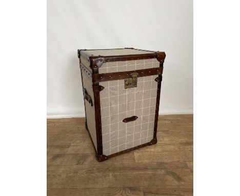 Contemporary leather bound fabric covered trunk of cube form, 42cm square x 61cm high