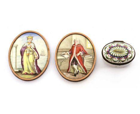 A pair of 19th century enamel portrait plaquesof oval form, depicting full-length male figures, one wearing a crown, the box 