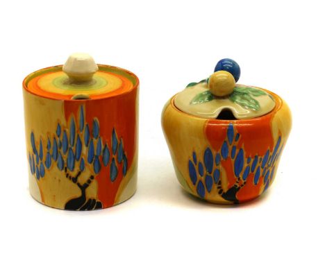A pair of Clarice Cliff 'Windbells' pattern preserve pots and covers,each printed with 'Fantasque' marks, 8cm and 8.5cm high 