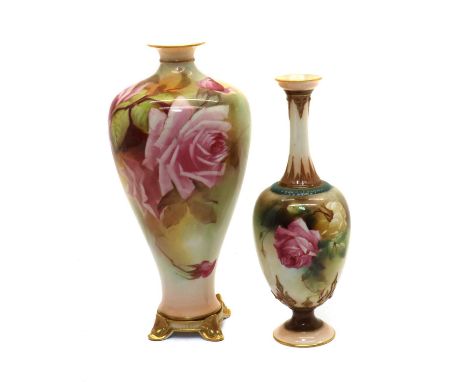 A Royal Worcester porcelain vase1908, by Henry Chair, with flared rim leading to thin neck, and ovoid body painted with roses