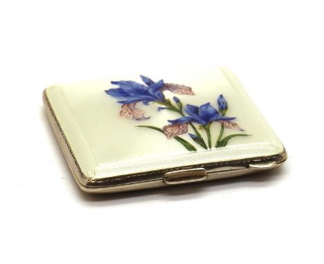 A silver and enamelled compact, by Clifford Davies Ltd, Birmingham 1940, the light blue enamel with irises to the cover, the 