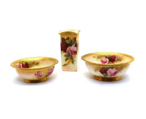 A Royal Worcester porcelain vase, possibly 1891, of square form, with gilt and painted rose decoration, printed marks,18cm hi