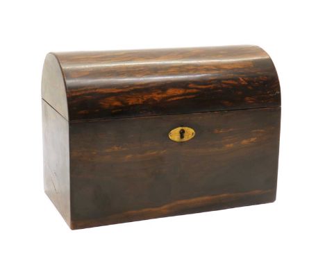 A Victorian coromandel tea caddy,the interior with two lidded compartments,22cm wide11.5cm deep16cm highMinor knocks and scra