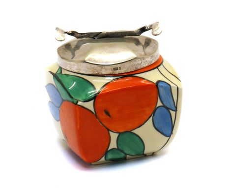 A Clarice Cliff 'Oranges Cafe au Lait' preserve pot, shape number 156, printed 'Fantasque' marks, 9.5cm highSome tarnishing t