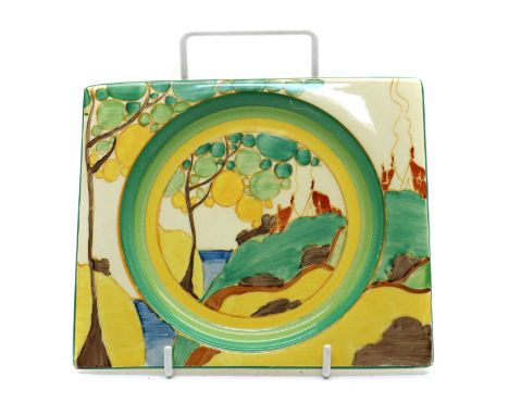 A Clarice Cliff 'Secrets' plate, printed 'Royal Staffordshire The Biarittz' marks, 18.5cm x 15.3cmSome rubbing to the green i