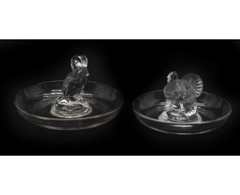 Rene Lalique (1860-1945)a glass Dindon cendrier,etched 'R Lalique' signature,10cm diameter together with a similar Canard exa