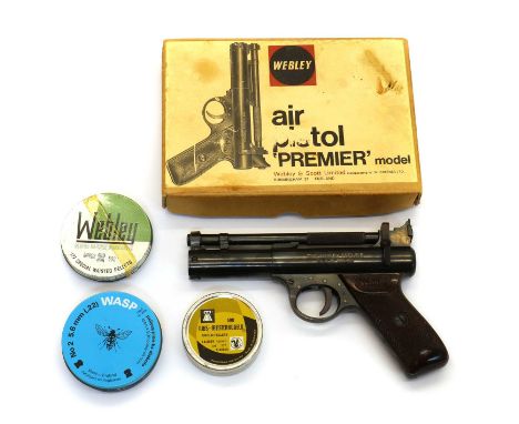 A Webley &amp; Scott Premier .177 over lever air pistol, no.422, with chequered bakelite grip, in its original box, with inst