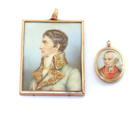 European school, 19th centurya portrait miniature of a gentleman, in the Napoleonic style, side profile, in a pale blue coat 
