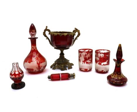 A collection of glass items,19th century, comprising a Bohemian gilt metal mounted twin handled vase, with a facet cut ruby b