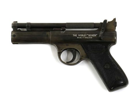 A Webley &amp; Scott Senior .22 over lever air pistol, no. 2357, with chequered bakelite grip 21cm overallScuffs and wear fro