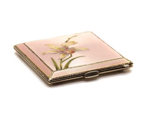 A silver and enamelled compact, by Clifford Davies Ltd, Birmingham, 1939, the pink enamel with an orchid to the cover, the re