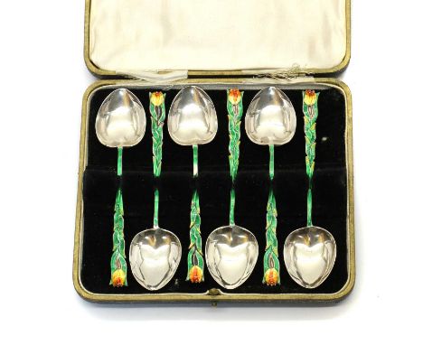 A set of six Art Nouveau silver and enamel teaspoons, makers mark W &amp; G, Sheffield, 1930, the handles modelled as tulips,