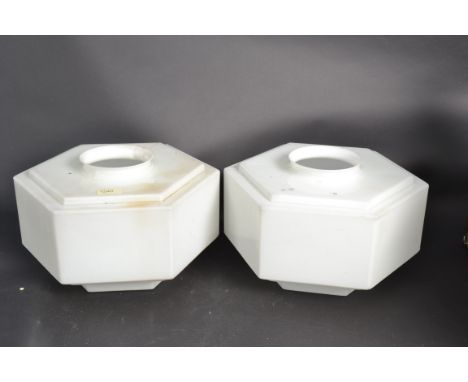 2 1930's Art Deco milk glass hexagonal lamp / light shades of geometric style