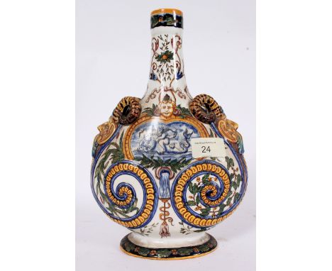 A 19th century French Gien moon flask vase stylised with lion masks and detailed decoration with signature to base.Measures: 