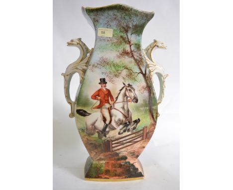 A large early 20th century Staffordshire style vase, with large hand painted front panel depicting a hunting scene.