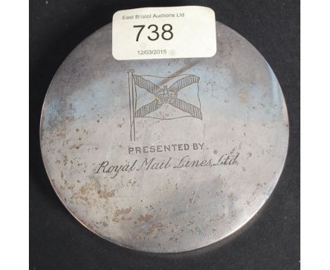 A Royal Mail Shipping Line Silver hallmarked lid, bearing insignia and notation atop. 54.9g